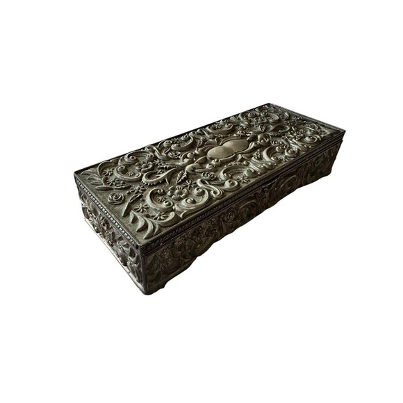 Vintage Godinger Silver 1992 Pewter Jewelry Case Trinket Box Scroll Mirror Lid - Picture 1 of 6